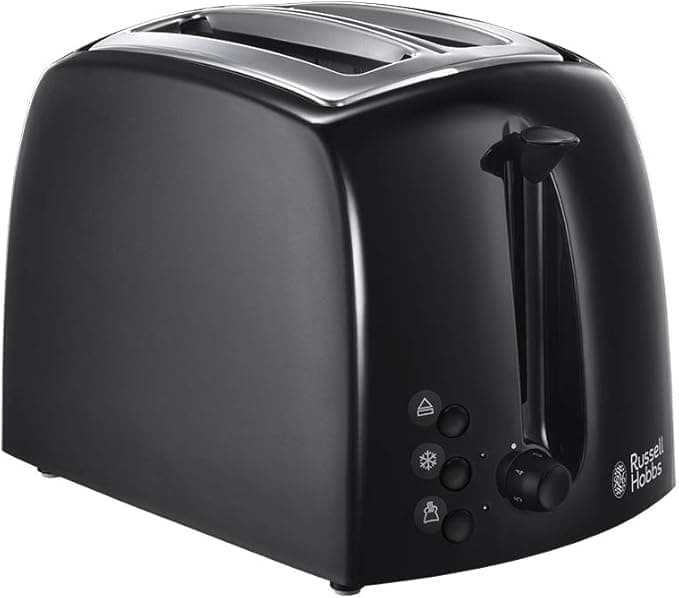 Russell Hobbs Textures 2 Slice Toaster (Extra Wide Slots, 6 Browning levels, Frozen, cancel & reheat function with indicator lights, Removable crumb tray, 850W, Black matt & high gloss finish) 21641