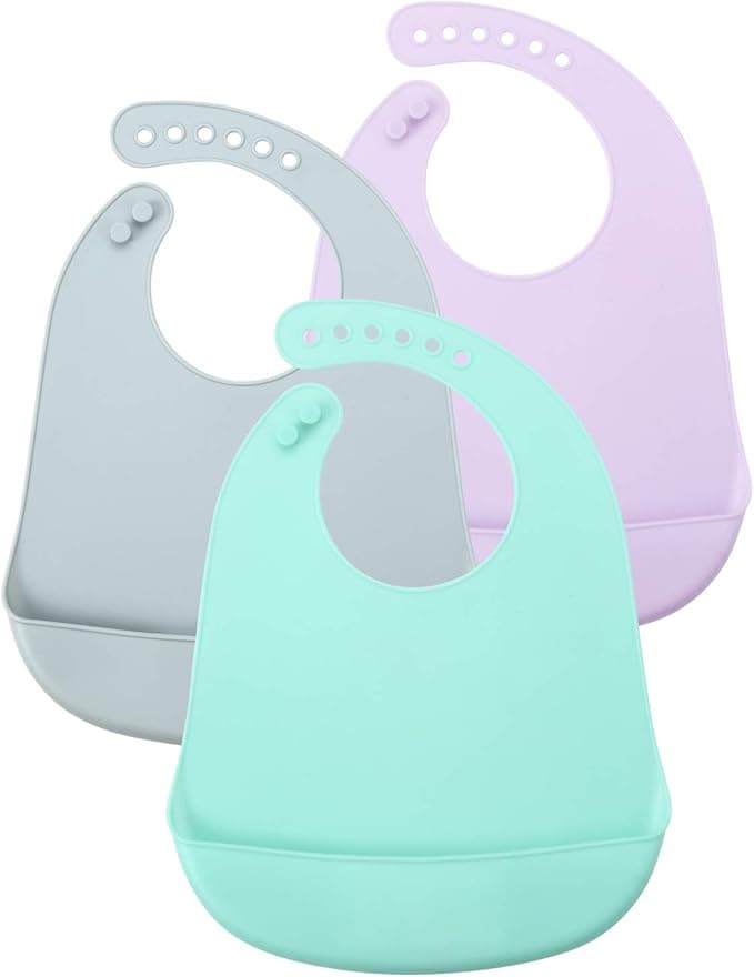 PandaEar Set of 3 Colors Cute Super Thin Light Weight Silicone Baby Bibs for Babies & Toddlers |Blue/Purple/Grey|10-72 months