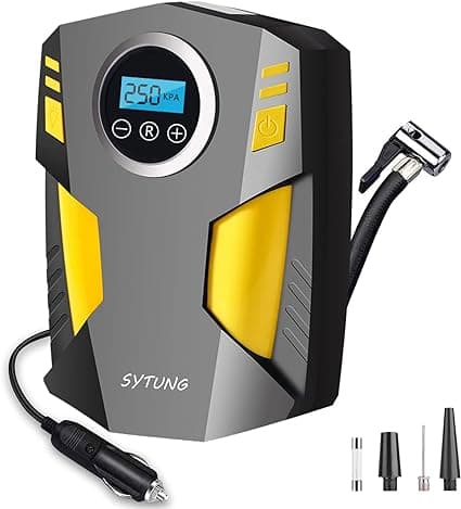 SYTUNG Digital Tyre Inflator, Portable Air Compressor Car Tyre Pump with 3 Nozzle Adaptors and Digital LED Light, 12V Rapid Tyre Inflator Air Compressor for Car Tires and Other Inflatables