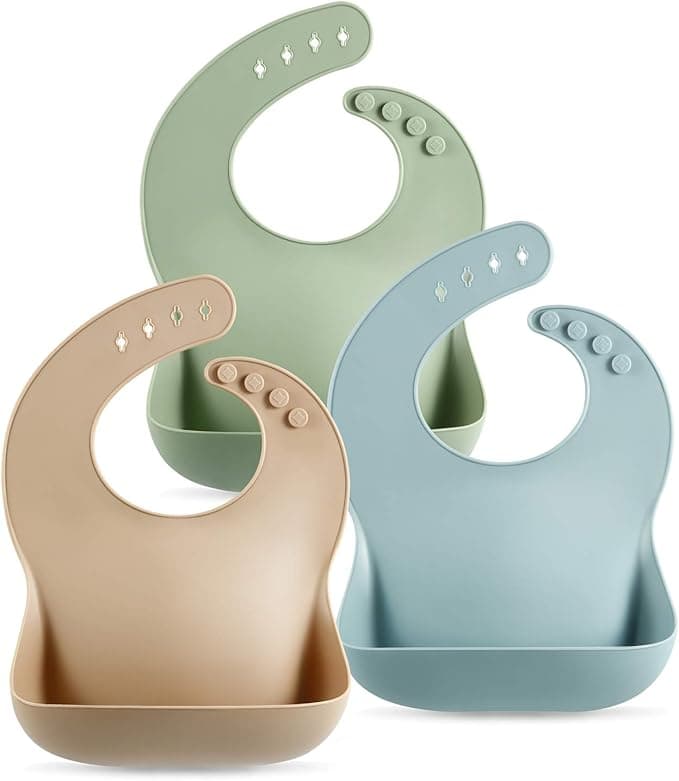 PandaEar 3 Pack Thick Silicone Baby Bibs for Babies & Toddlers (10-72 Months)| Waterproof Baby Feeding Bibs Adjustable with Wide Food Catcher Pocket, Soft, Unisex, Non Messy |Brown/Blue/Green