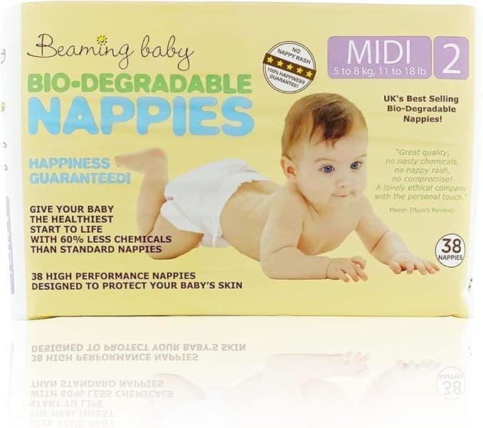 Beaming Baby Biodegradable Eco Nappies Midi Size 2 (5-8 kg / 11-18 lb) - Pack of 38. Hypoallergenic, No Nappy Rash, Naturally Breathable Eco Friendly Diapers