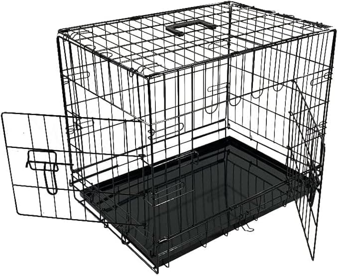 BUNNY BUSINESS UNDERDOG Metal Dog Crate/Cage – Pet Black Metal Folding Cage with 2 Doors Sliding Chew Resistant Plastic Base Tray Heavy Duty Puppy Training Solution (24" Small, Dog Crate)