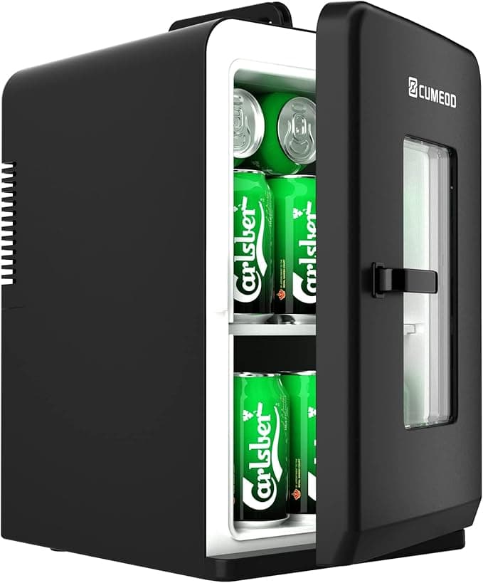 Mini Fridge 15 Liter/21 Cans, Upgrade Portable AC+DC Power Small Fridge for Bedroom, Car, Office, Thermoelectric Cooler and Warmer Skincare Fridge for Food, Drinks, Cosmetics, Max & ECO Mode