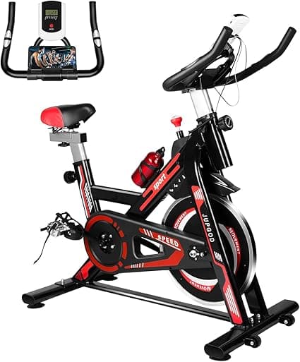 Jupgod Stationary Exercise Bike, Indoor Cycling Bike with Slient Flywheel, LCD Monitor, Comfortable Seat, Spin Bike for Home Gym Workout, Black Red