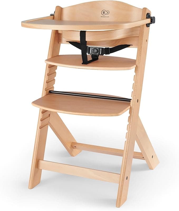 Kinderkraft Wooden Highchair 3 in 1 ENOCK, Multifunctional Baby Chair, Ajustable Heigh and Footrest, Safety Harness, with Detachable Tray, for Children up to 10 Years, Natural