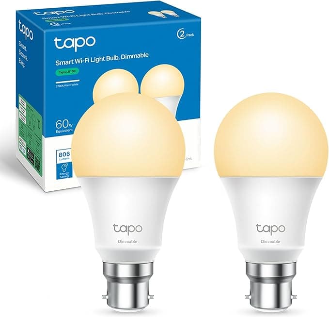 Tapo Smart Bulb, Energy Saving WiFi Smart Light Bulb, B22, 8.3W, Works with Amazon Alexa and Google Home, Dimmable Soft Warm White Alexa Light Bulbs,No Hub Required -Tapo L510B(2-pack)[Energy Class F]