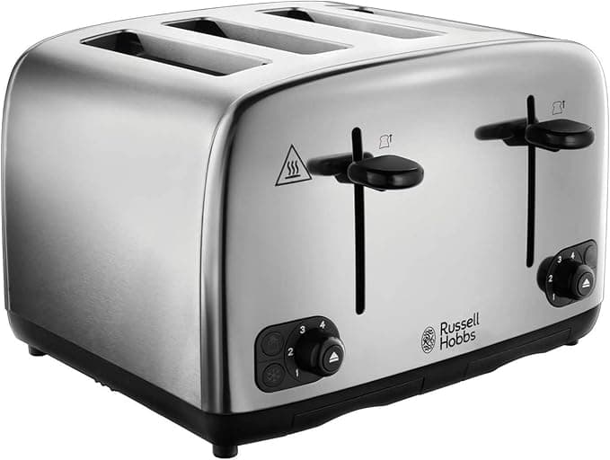 Russell Hobbs 4 Slice Toaster with Perfect Toast Technology for improved evenness (Wide slots, Lift & look feature, 6 Browning levels, Frozen & Cancel function, 1700W, Brushed & Stainless Steel) 24090