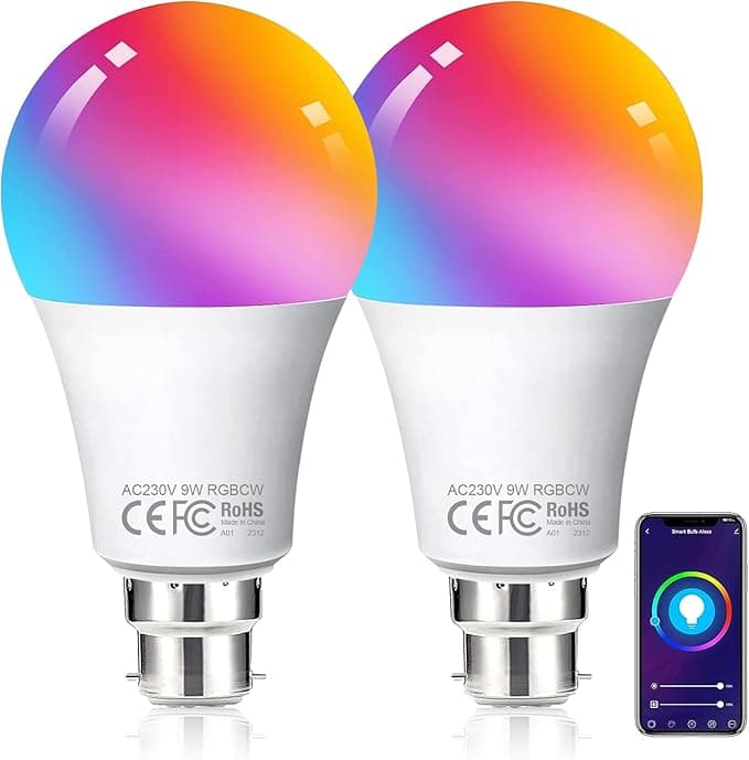 HUTAKUZE Smart Bulb WiFi Light Bulbs B22 Bayonet, 9W 806LM, App or Voice Control, 80W Dimmable White and RGBCW Colour Changing Light Bulb, Works with Alexa