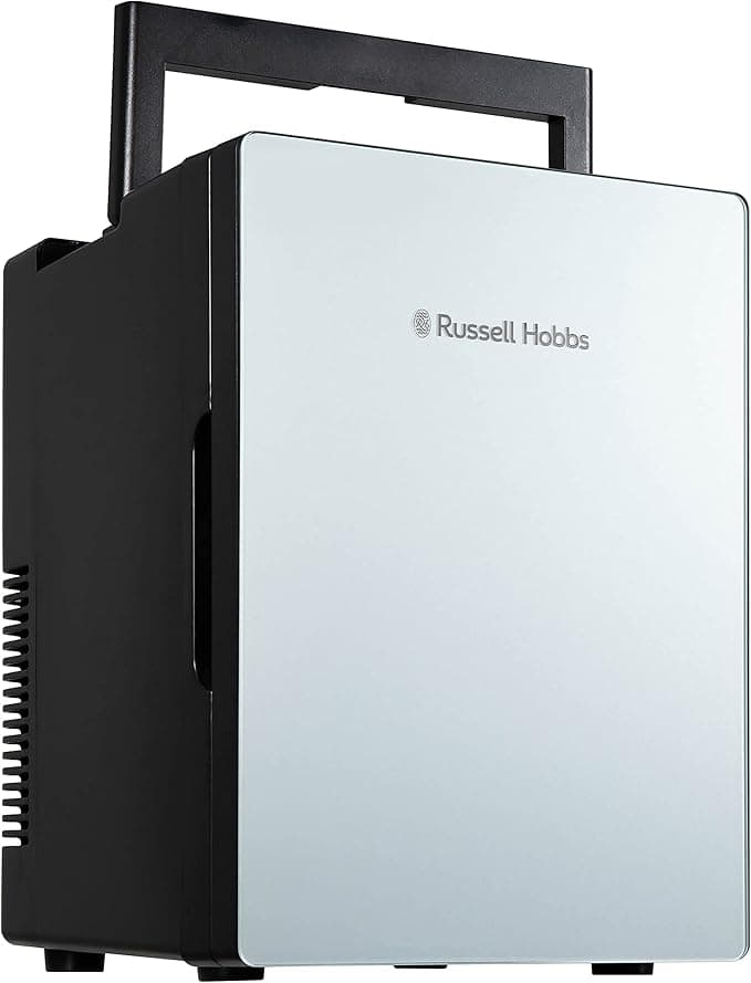 Russell Hobbs Silver Mini Fridge RH8CLR8001S 8 Litre/10 Can Mini Portable Cooler & Warmer for Drinks, Cosmetics/Makeup/Skincare, AC/DC Power, Retro Style, Silver, For Bedroom, Home, Caravan, Car