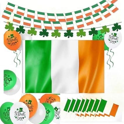 St. Patrick's Day Decorations 10m Irish Pennant Banner 10pcs HandHeld Flag 150 * 90cm Irish Flag 15pcs Balloons 10pcs Green White Orange Shamrock Garland for Home Party Supply Accessories