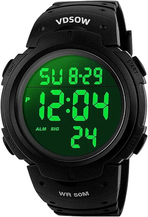 VDSOW Men's Waterproof Sport Watch with Alarm/Stopwatch, Large Wrist Military with LED Backlight, Black, S, Strap, Black, S, Strap