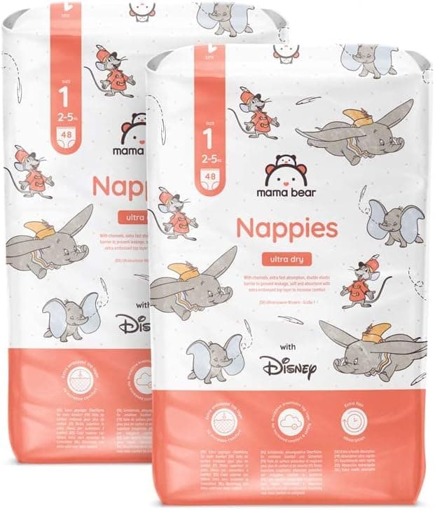 Amazon Brand - Mama Bear Disney Ultra Dry Nappies, Size 1 (2-5 kg), 96 Count, White, Monthly Pack