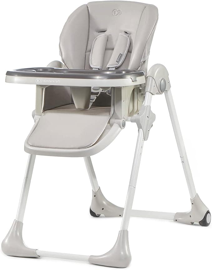 Kinderkraft Highchair YUMMY, Baby Chair, Ergonomic, Comfortable, Reclining, Foldable, with Ajustable Height, Footrest, Detachable Double Tray, for Toddler, from 6 Month to 3 Years, Gray (Pack of 1)