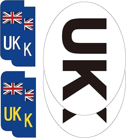 BEEWAY UK Car Stickers for Europe - 2x UK Oval + 4x Number Plate Stickers - Gloss Laminated, Self-adhesive Vinyl Sticker for Cars, Vans, Trucks Driving in European after Brexit GB