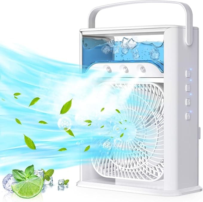 Portable Air Conditioner, Air Cooler Mini Cooling Fan, All-in-1 USB Desk Cooling Fan with 7 LED Lights Wind Speeds, 3 Spray Modes, Humidifier Fan for Home, Office, Bedroom, Car