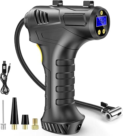 etship Cordless Tyre Inflator Air Compressor, 12V USB Rechargeable Battery 150PSI Portable, Electric Digital Tyre Pump with LED Light and 4 Nozzle Adaptors for Car Motorcycle Bicycle