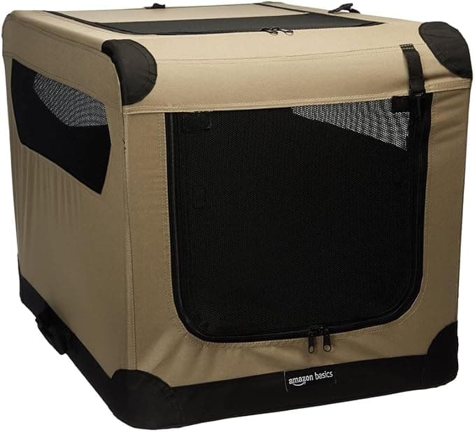 Amazon Basics Foldable Soft Dog Crate with Front and Top Opening, Medium, 76 cm L x 54.1 cm W x 54.1 cm H, Beige/Black