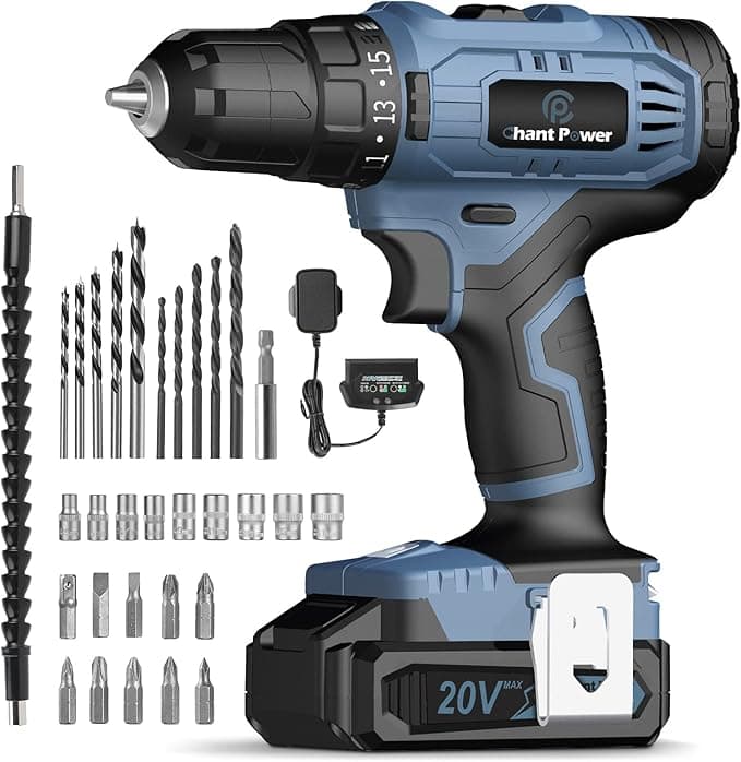 C P CHANTPOWER Cordless Drill Set, 20V Power Electric Drill/Driver with Lithium-ion Battery and Charger, 16+1 Torque Setting, 2 Variable Speed, 10mm Keyless Chuck, Built-in LED