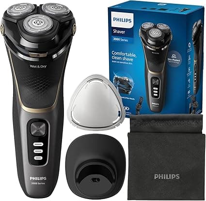 Philips Electric Shaver 3000 Series - Wet & Dry Electric Shaver for Men with SkinProtect Technology in Deep Black, Pop-up Beard Trimmer, Charging Stand, Travel Pouch (Model S3342/13)