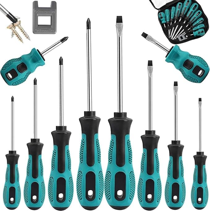 10pcs Screwdriver Set,Heavy Duty Chrome Vanadium Steel Made,Magnetic Screwdriver with 5 Cross& 5 Flat Head,Muti Purpose Screwdriver Kit in Carry Bag Package