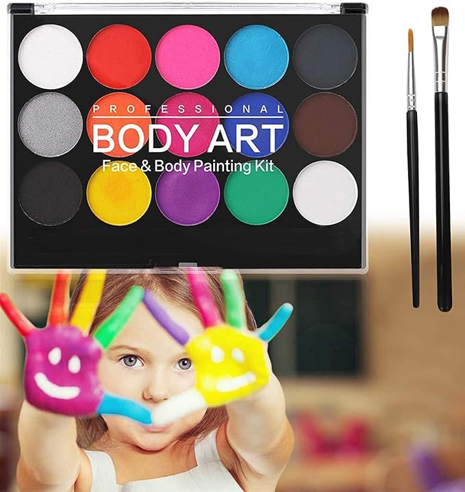 Ucradle Kids Face Paint Kit - 15 Colours Non-Toxic Professional Face Paint Palette Washable Safe Facepainting for Halloween Party, Holiday Makeup Body, Body Painting Face Paint Set for Adults Children