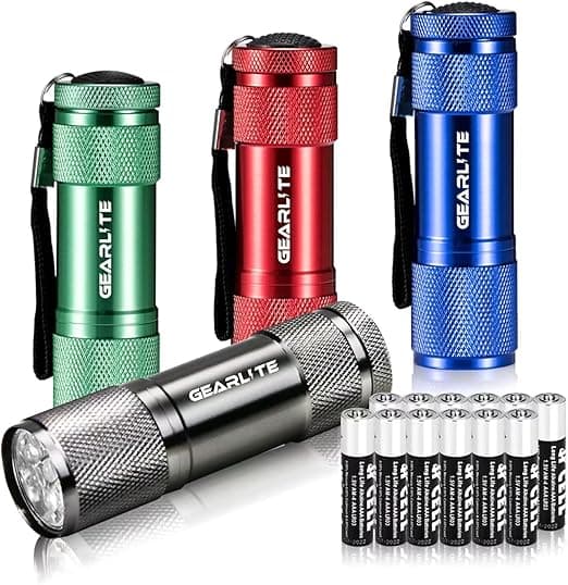 GEARLITE Small LED Torch, 4 Pack Small Torches LED Super Bright with 9 LEDs, Colorful Mini Pocket Torch Flashlight for Kids Adult Camping Hiking Outdoor Gifts, 12 AAA Batteries Pre-Installed