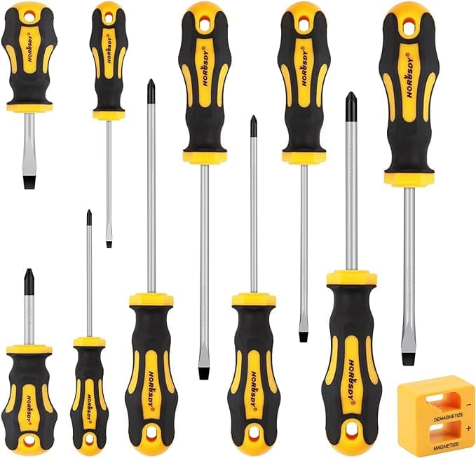 10Pcs Screwdriver Set, Heavy Duty Chrome Vanadium Steel Made, Magnetic Screwdriver with 5 Flat & 5 Cross Head with Magnetize & Demagnetize, Durable Hand Tools in Box