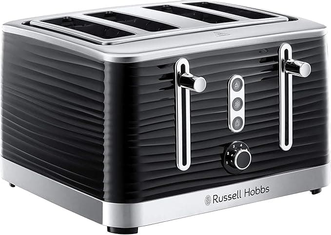 Russell Hobbs Inspire 4 Slice Toaster (Extra wide slots, High lift feature, 6 Browning levels, Frozen/Cancel/Reheat function with Blue LED illumination, 1800W, Black textured high gloss) 24381