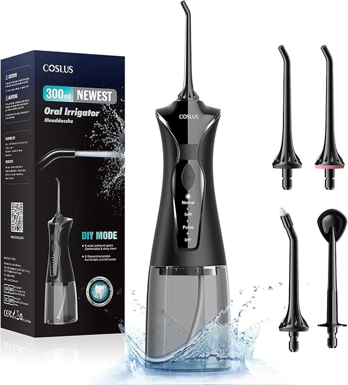 COSLUS Water Teeth Flosser Picks: 4 Modes Cordless Irrigator 300ML Portable Electric Flossing Machinerie for Teeth Cleaning Rechargeable IPX7 Waterproof Tooth Pick Set Cleaner for Travel Home