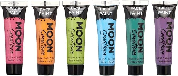 Moon Creations Face & Body Paint Tubes | Brights Set | 12ml | Ready to Use Face Paint | No Flake | Cruelty Free, Made in UK | Face Paint for Kids, Adults, Fancy Dress, Festivals, Halloween & More