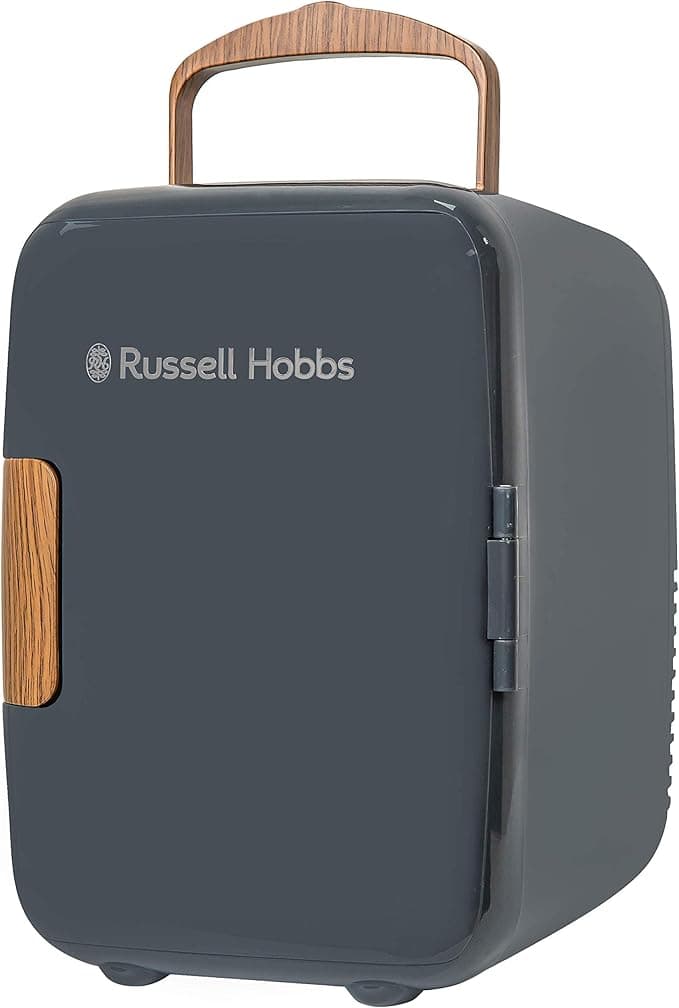 Russell Hobbs RH4CLR1001SCG 4L/6 Can Mini Portable Cooler & Warmer for Drinks, Cosmetics/Makeup/Skincare, AC/DC Power, Scandi Style, Grey & Wood Effect, For Bedroom, Home, Caravan, Car