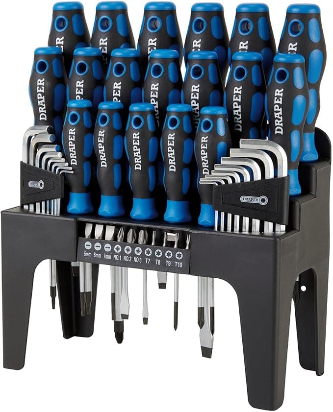 Draper 44 Piece Precision Screwdriver Hex Key and Bit Set | Soft Grip Drivers Hand Tools | DIY and Professional Kit | Tool Stand | Magnetic Tips | 81294