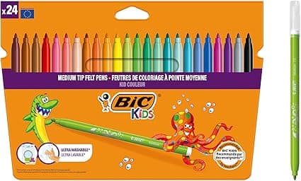 BIC Kids Felt Tip Pens, Kid Colour with Medium Blocked Tip, Vivid Colouring Pens, Washable Markers, Back to School Supplies, 24 Pack