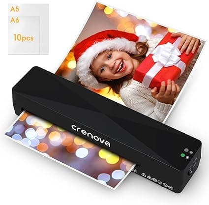 Crenova A4 Laminator, Thermal Laminator Machine for Hot and Cold Settings with 10 Laminating Pouches No Bubbles for School Home Use (Black)