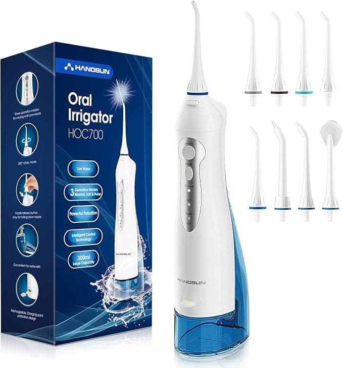 Hangsun Water Flosser Cordless Oral Irrigator Rechargeable Dental Water Jet HOC700 for Teeth Braces with 300ML Water Tank and 8 Jet Tips for Travel & Home Use