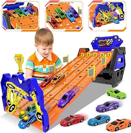 VATOS Upgraded 5 Tracks Transport Truck Toys Cars for Boys Ages 3 4 5 6 7 8, Portable Race Track Truck Toy Car with 5 Race Cars, Best Gift Carrier Truck Vehicles Toys Set for Kids Boys Girls