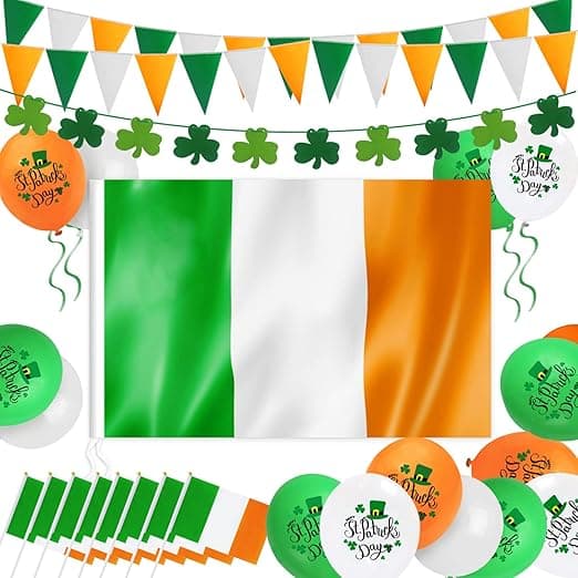 Humairc St Patricks Day Decorations St Patricks Day Accessories, 150 * 90cm Irish Flag 7m Irish Pennant Banner Shamrock Garland 8pcs HandHeld Flag 15pcs Balloons for Home School Bar Irish Paddy's Day