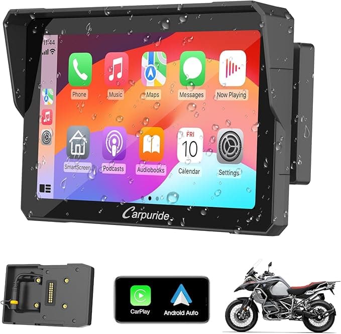 Carpuride W702B Motorcycle GPS Carplay Screen with Custom Mount for BMW Motorbike, Wireless CarPlay and Android Auto, Portable 7 inch Waterproof Touchscreen, Dual Bluetooth, Navigation, Siri.