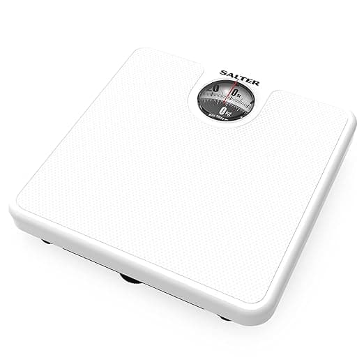 Salter 489JS WHDR Mechanical Bathroom Scale – Analogue Body Weighing Scale, Classic Fitness Scale, 133kg Capacity, Easy Read Display with Magnifying Lens, Non-Slip Mat, No Batteries Required, White