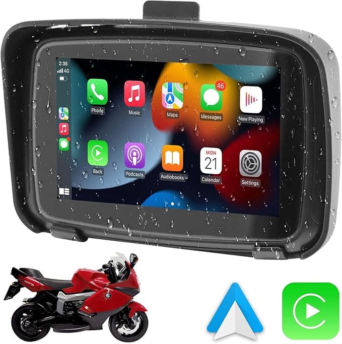 KAOLALI Motorcycle Wireless GPS Portable Carplay 5" Touch Screen IPX7 Waterproof Car Stereo GPS Navigation with Siri/Google Assistant for Motorbike