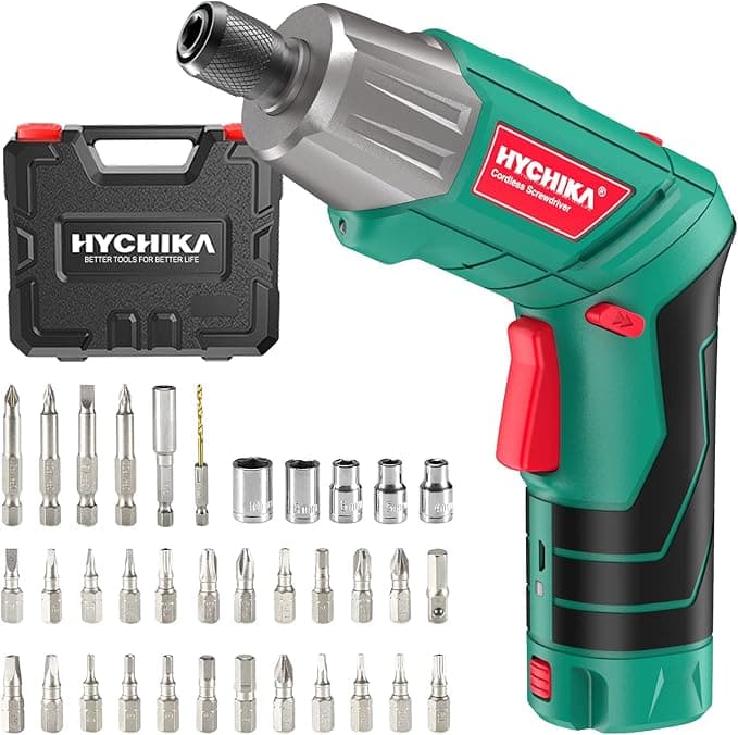 Electric Screwdriver, 6Nm Torque HYCHIKA Cordless Screwdriver 2000mAh 3.6V with 35 Accessories, LED Light and Rear Flashlight, USB Cable and Storage Box