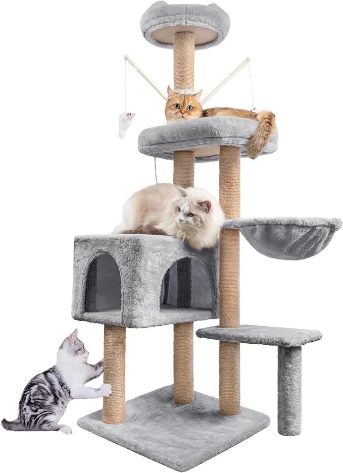 Cat tree, 145cm Cat Scratching Post Stable Cat Tree for Indoor Cats, Multi-Level Cat Climbing Tower with Posts Fully Wrapped in Natural Sisal Rope, Suitable for Kitten Kitty Cat