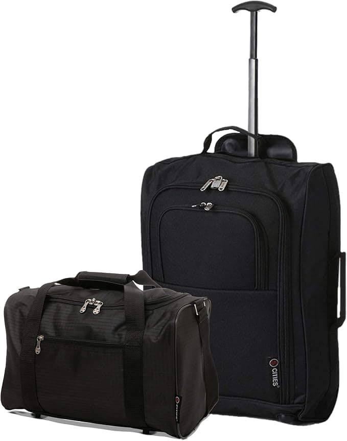 5 Cities Set of 2 Hand Luggage Set Including Ryanair Cabin Approved 21"/55cm Trolley Bag & 40x20x25 Ryanair Maximum Holdall Under Seat Flight Bag (Black + Black)