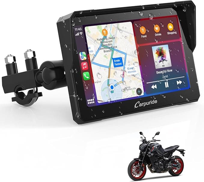 Carpuride W702 Motorcycle GPS Carplay Screen, Wireless CarPlay & Android Auto Portable Car Stereo for Motorbike, 7" Waterproof Touchscreen, Dual Bluetooth, Navigation, Siri.