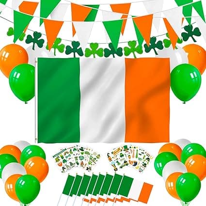 St Patrick’s Day Decorations, St Patricks Day Irish Flag 150 * 90cm with Eyelets, 6m Pennant Irish Triangle Flag Garland, Shamrock Banner, 8pcs HandHeld Irish Flags, 15pcs Balloons,10 Tattoos Stickers