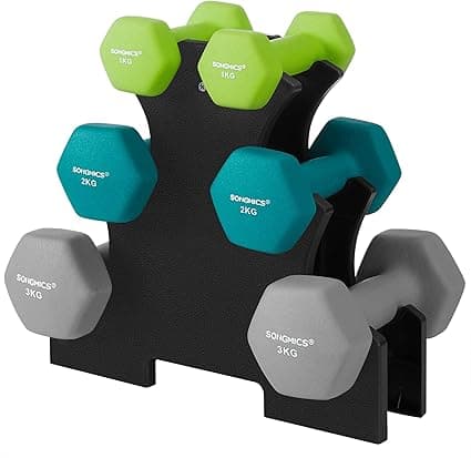 SONGMICS Hex Dumbbells Set with Stand - 2 x 1 kg, 2 x 2 kg, 2 x 3 kg, Neoprene Matte Finish, Hand Weights for Home Exercise