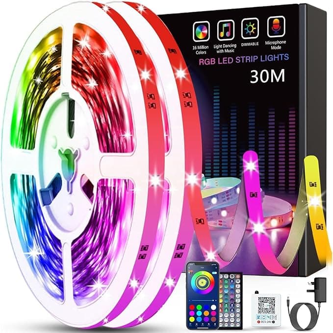 Keepsmile 30M Led Strip Lights (2 Rolls of 15M) Bluetooth Smart App Control Music Sync Color Changing RGB Led Light Strips with Remote,LED Lights for Bedroom Room Home Birthday Decor