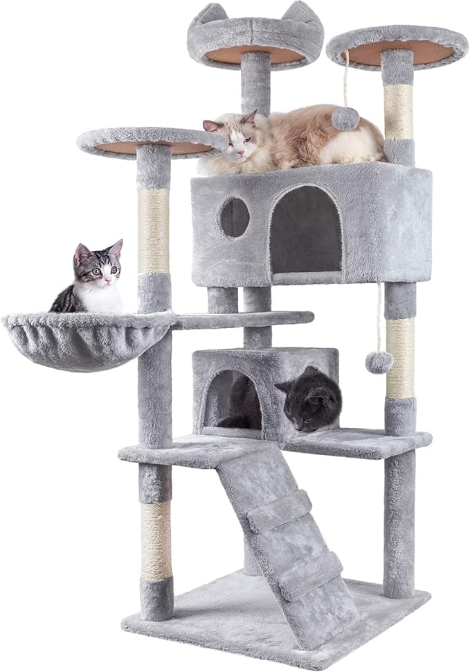 HOMIDEC Cat Tree, 151cm Cat Scratching Post Stable Cat Tower for Indoor Cat, Activity Centre Cat Climbing Tree with 2 Cat Houses, Hammock, 4 Sisal Posts, Ladder, and Rest Place