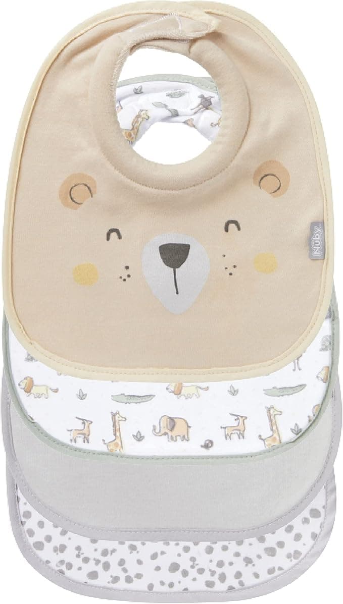 Nuby Snug and Dry Bibs Organic Cotton Machine Washable Padded Neckline 048526999460, One Size, (Pack of 4)