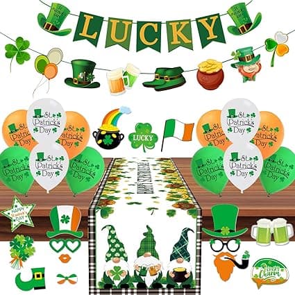 St. Patrick's Day Decorations Set, Lucky Banner Shamrock Balloons Photo Booth Props Happy St. Patrick's Day Table Runner Decorations for Saint Patrick Party Favors Supplies